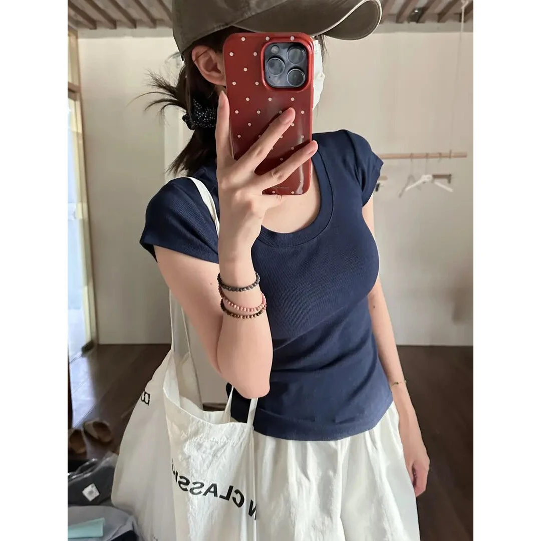 小众正肩u领短袖T恤女夏季基础百搭休闲辣妹收腰修身显瘦短款上衣