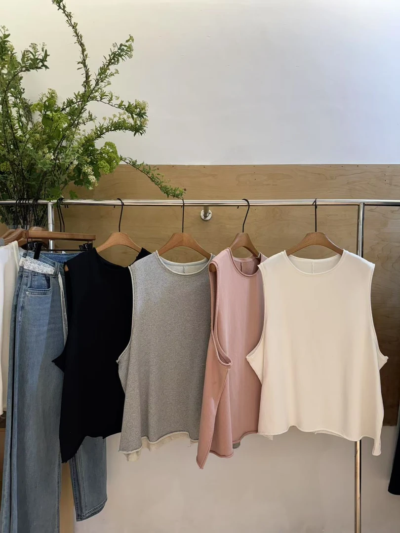 水原家 大码叠穿套头罗圈棉马甲无袖卷边宽松背心