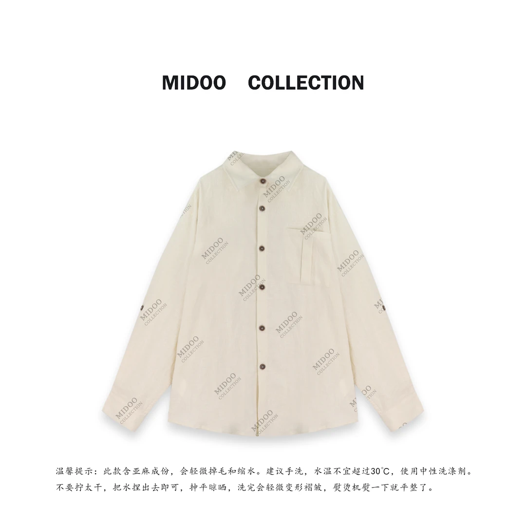 MIDOO ‘棉麻文艺轻衫’纯色宽松翻领单口袋衬衫