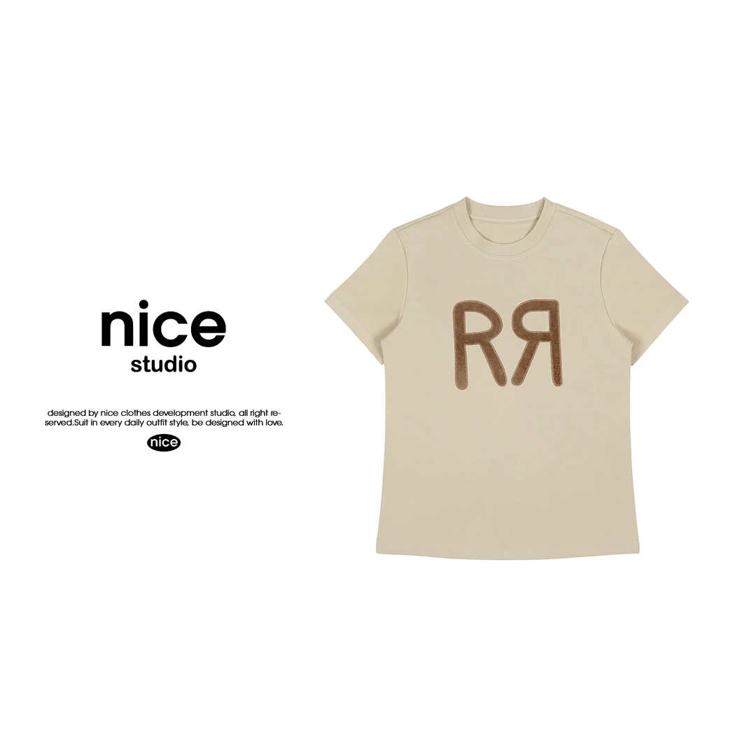 奈斯专属【R字母修身百搭显瘦短袖t恤】新款字母显瘦短袖 TXRP41077