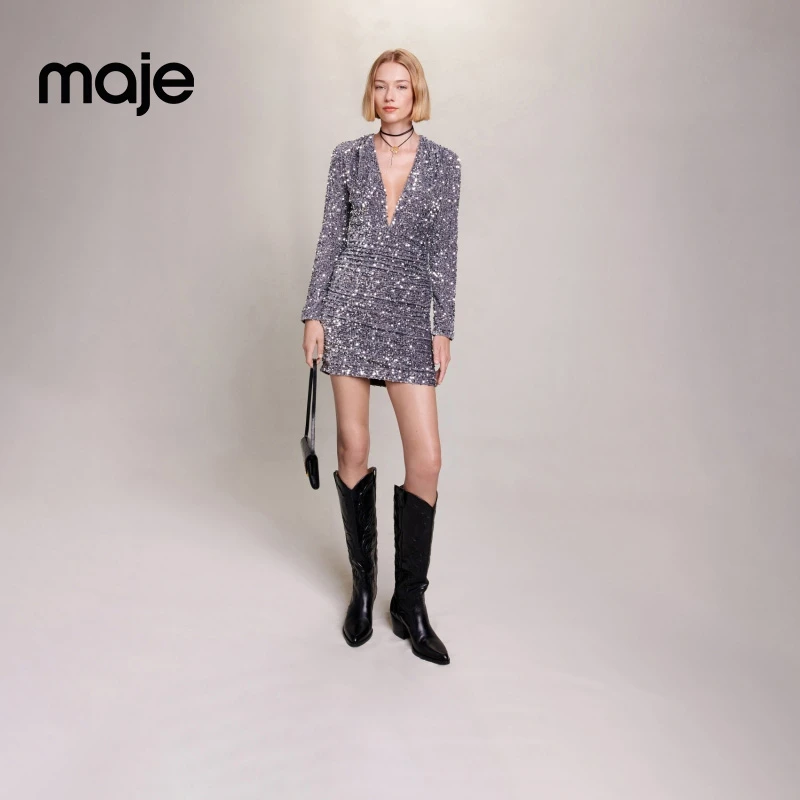 出游穿搭|Maje早秋时尚气质亮片修身长袖连衣裙短裙MFPRO03271