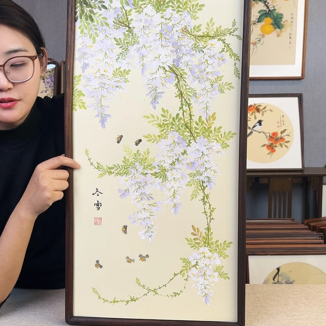 国画纯手绘，纯手写带框尺寸：36×69厘米