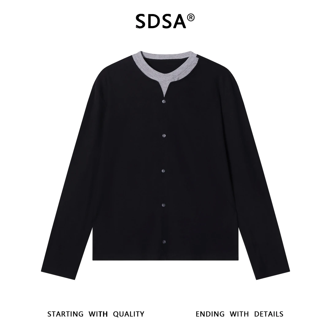 SDSA男士秋冬新款痞帅男装极简风撞色假两件长袖T恤纽扣百搭上衣