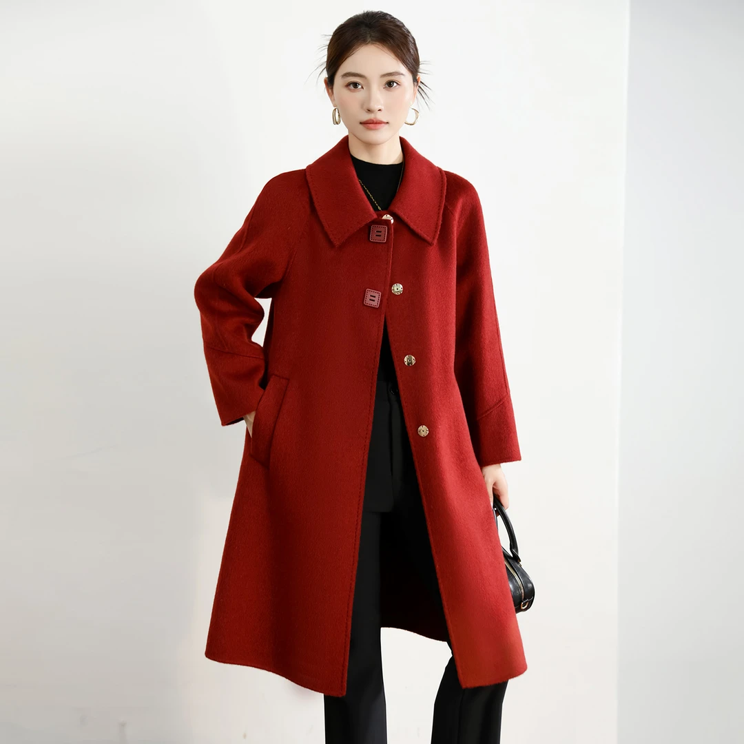 高端双面绒羊毛大衣女中长款12月份喜婆婆服装婚宴妈妈外套毛呢子