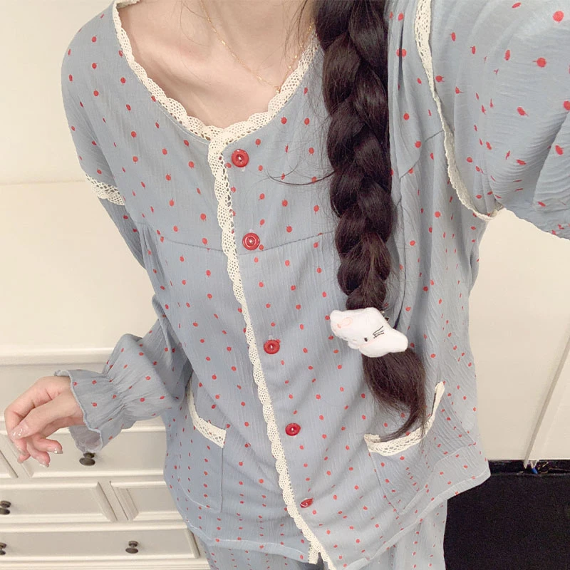 甜美波点长袖长裤睡衣女款春秋季爆款绵柔学生休闲女士家居服套装