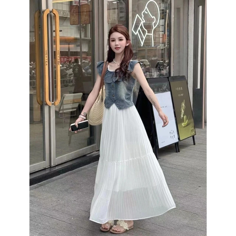 2025夏季时尚一整套显瘦小飞袖牛仔T恤百搭温柔系半身裙子两件套