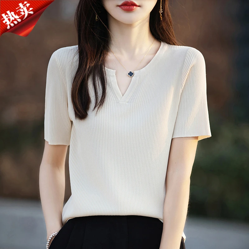 2025新款气质小v领短袖针织衫女薄款坑条修身打底t恤上衣夏