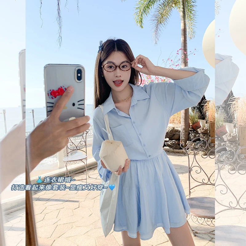 曾小咸 韩系假两件蓝色衬衫连衣裙女2025春休闲短裙Z251LQA0490