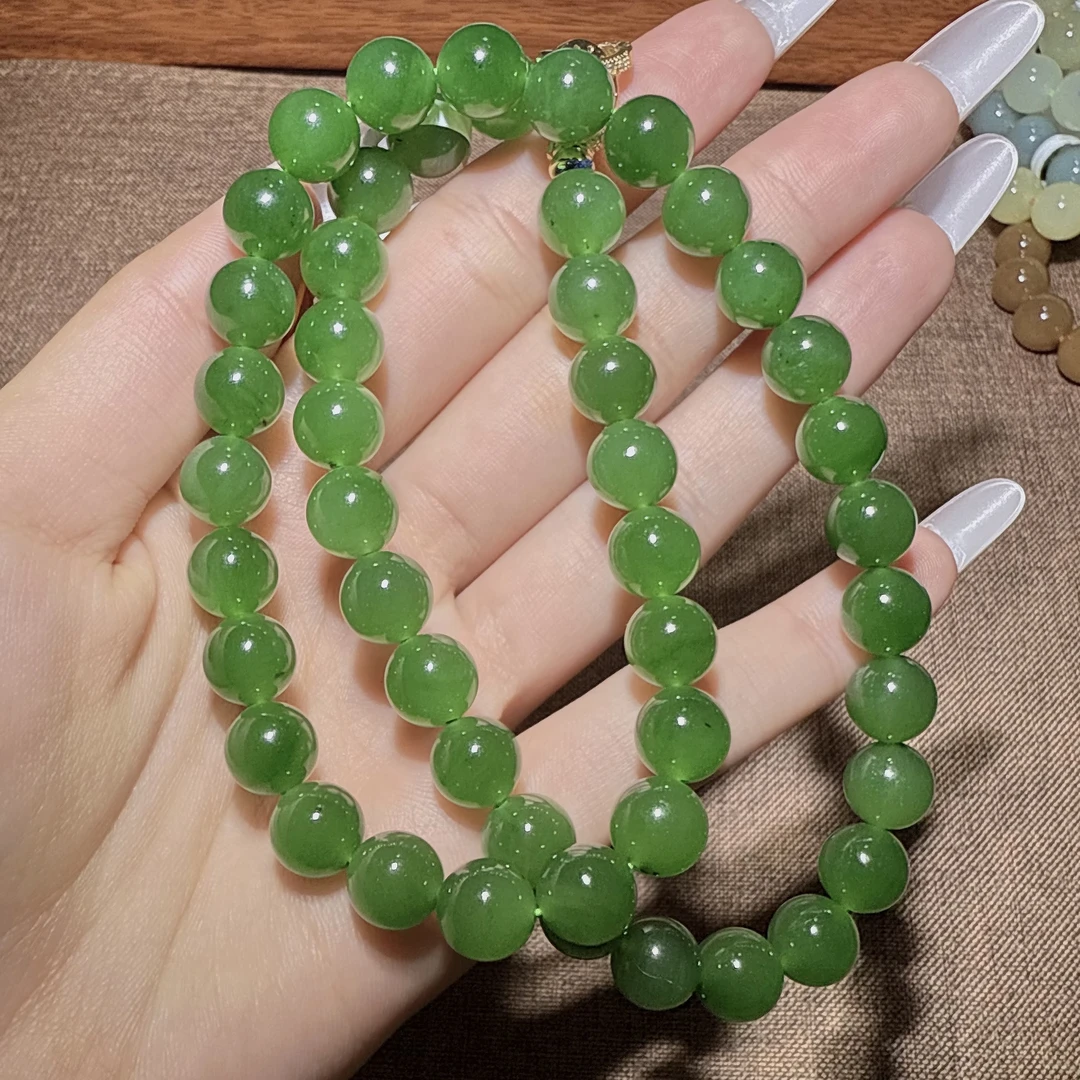 和田玉碧玉卡9+mm阳绿色妈妈链气质百搭