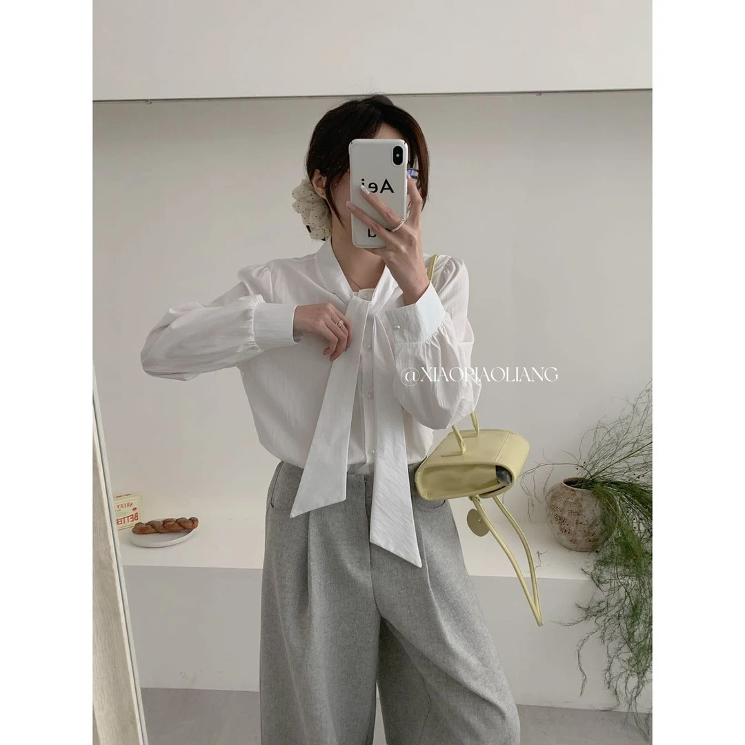 法式新款气质简约小众系带蝴蝶结设计感长袖百搭衬衣7231#0.12 qq
