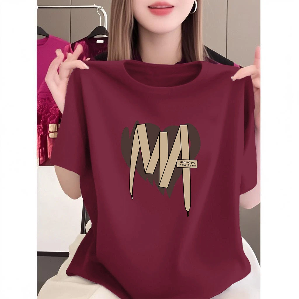 纯棉大码打底衫2025夏季新款设计感圆领上衣女印花休闲减龄T恤衫