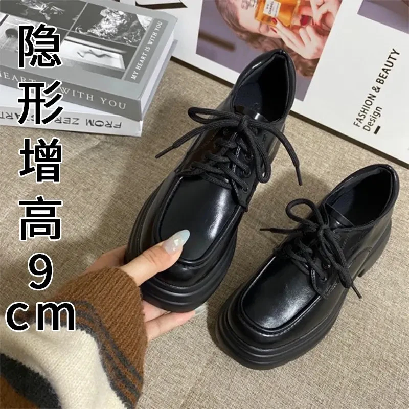 9cm内增高女鞋英伦风白色系带小皮鞋松糕厚底乐福鞋高跟增高单鞋