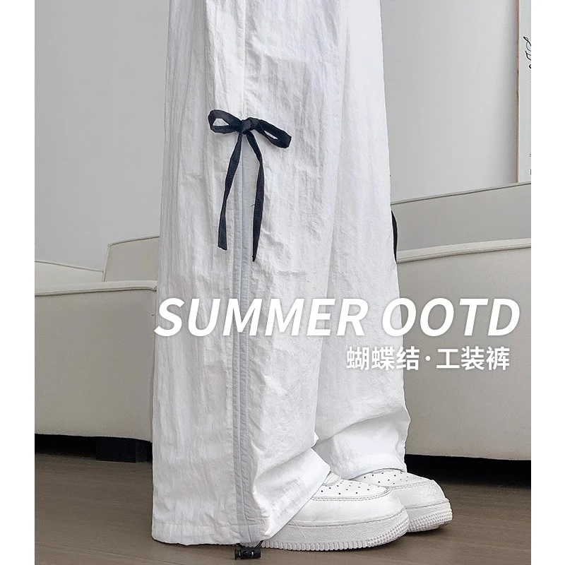 白色蝴蝶结阔腿裤女夏季2025高腰垂感休闲显瘦美式速干运动工装裤
