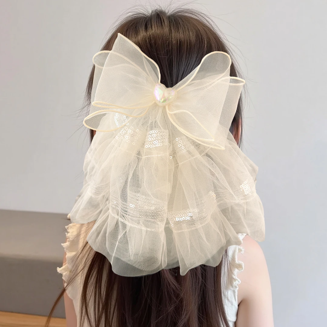 【新款】超仙儿童蝴蝶结头纱发夹公主顶夹头饰鸭嘴夹森系后脑勺发