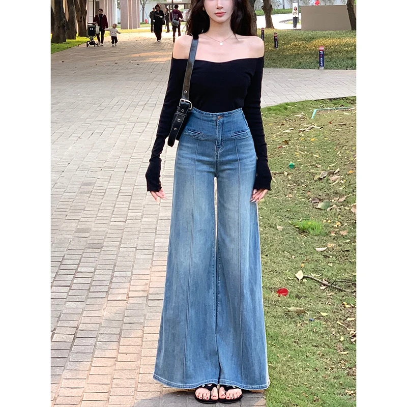 高腰大裤脚阔腿牛仔裤女2025秋季松弛感宽松显瘦日常通勤百搭长裤