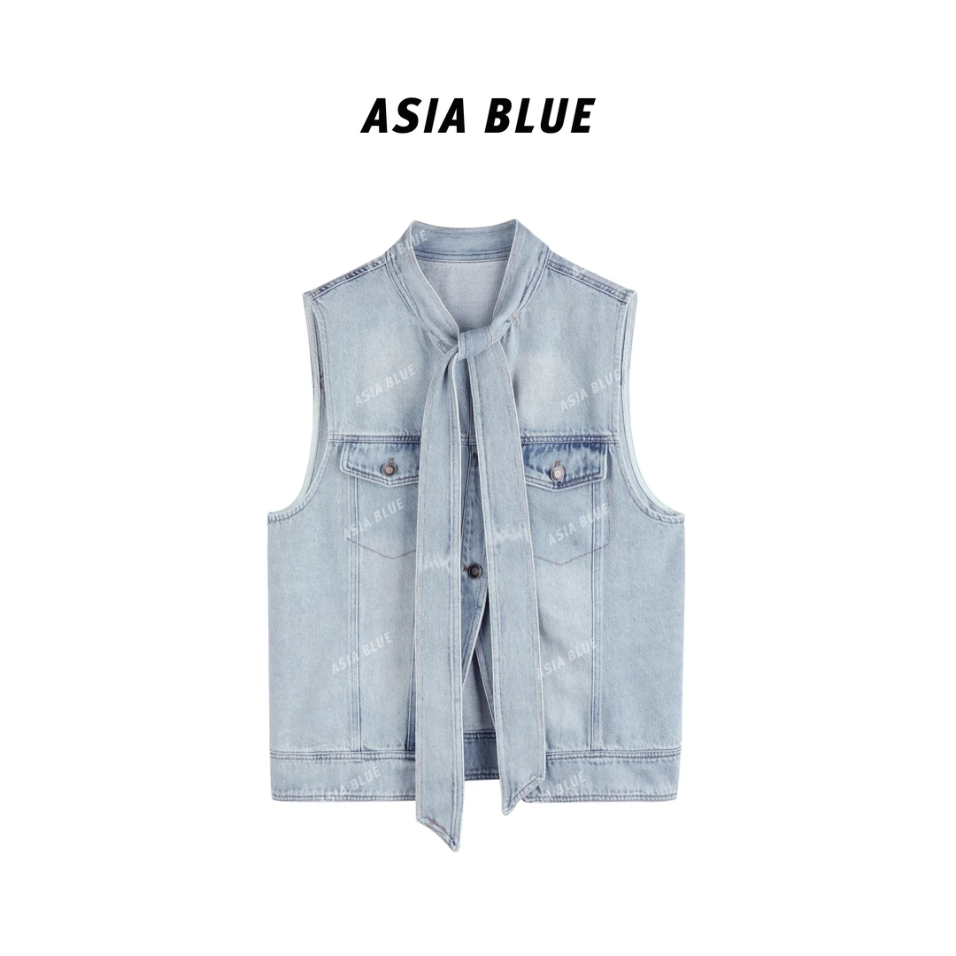 【ASIA BLUE】· ·2025春季美式立领飘带设计感牛仔马甲外套S010