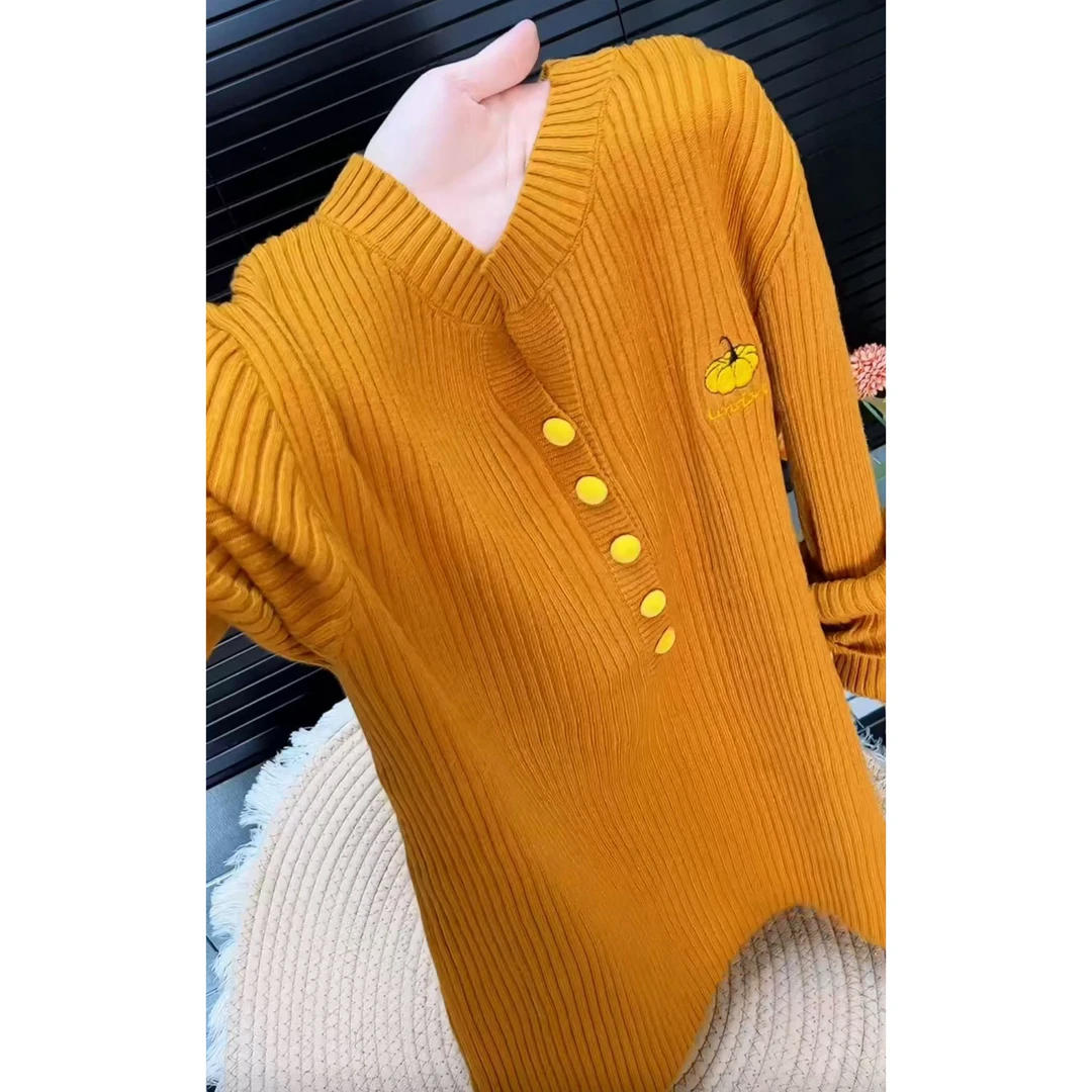 今年流行穿搭2025秋冬新款温柔风南瓜色圆领半开衫针织衫长袖上衣