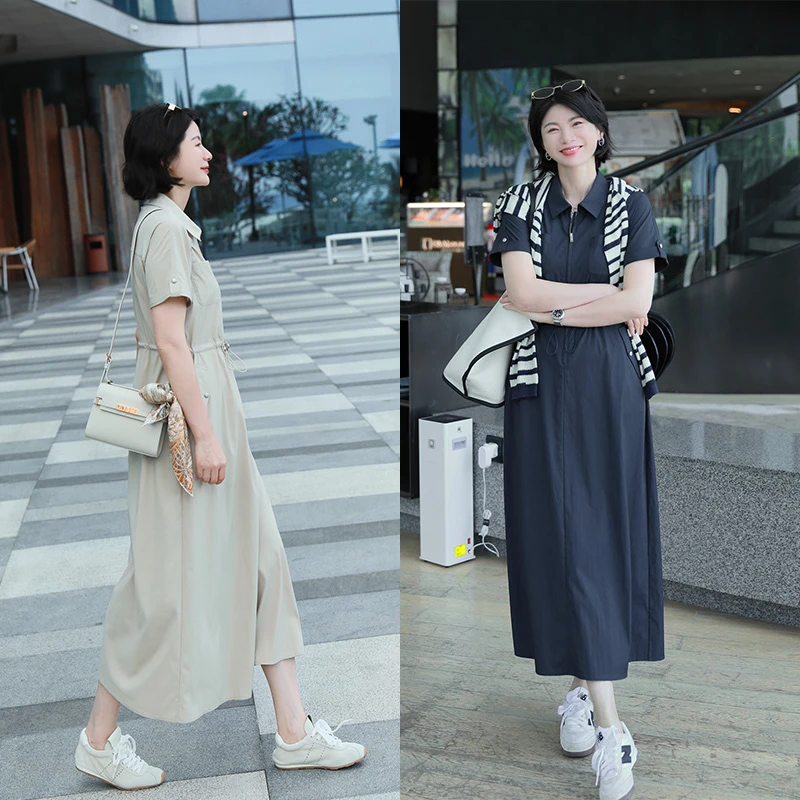 AMYMOORE艾莫尔女2025年夏季连衣裙子长款短袖显瘦时尚收腰52694