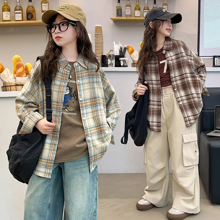 女童格子衬衫春秋2025新款洋气大童秋装时髦学生外套儿童韩版衣服