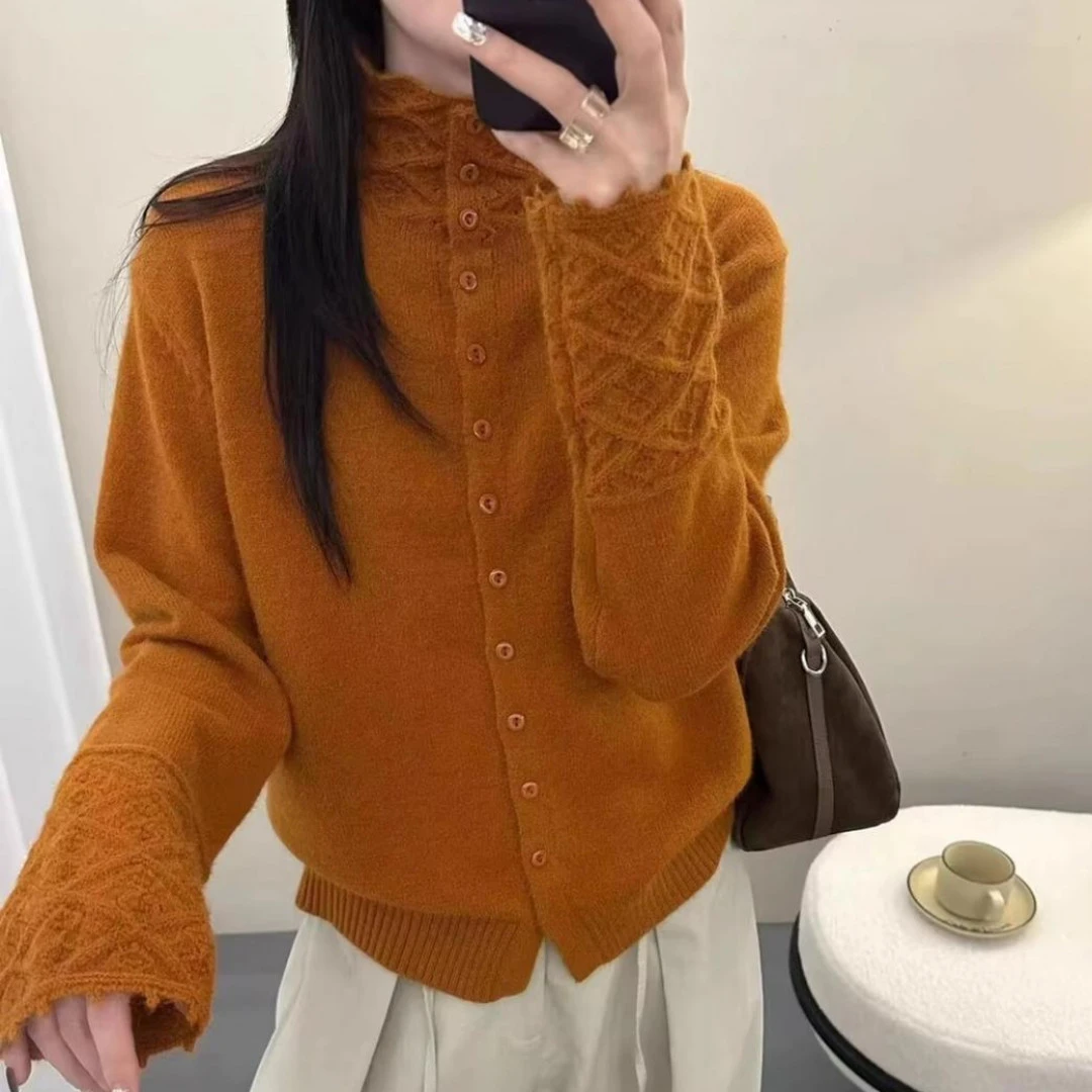 镂空花边袖纯色半高领2025秋冬新款洋气针织开衫打底衫女宽松毛衣