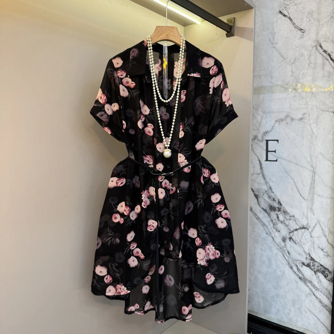 2025欧货轻薄印花翻领前短后长不规则腰带收腰显瘦长款衬衫2502