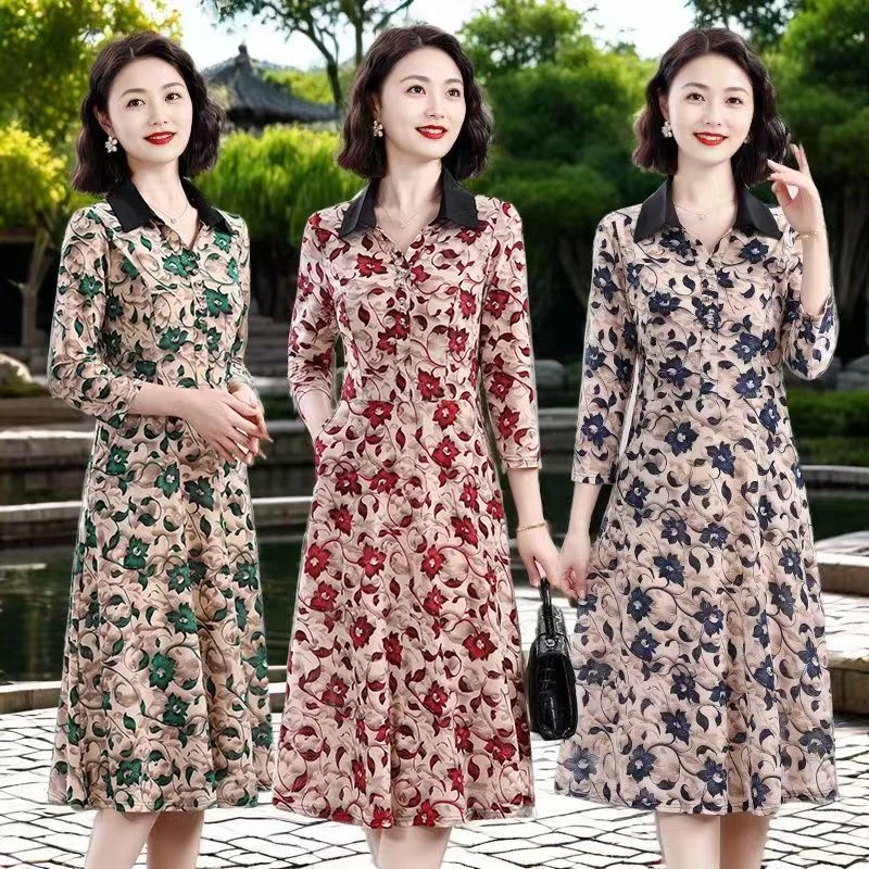 妈妈装新款时尚显瘦夏季七分袖连衣裙碎花翻领气质中长款洋气裙子