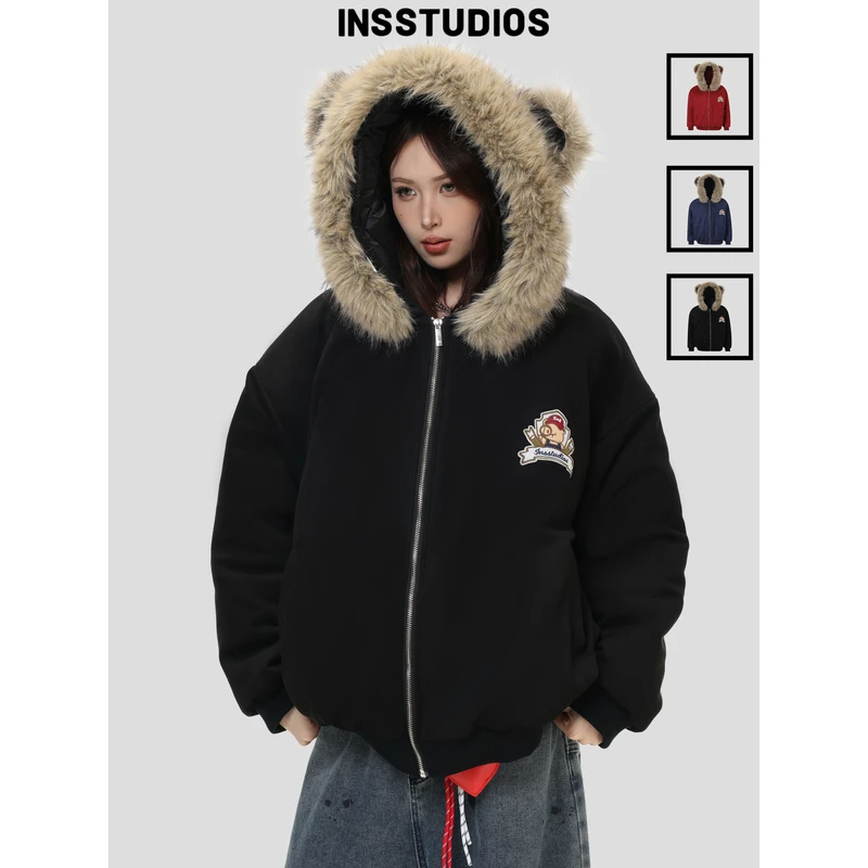INSstudios 国潮情侣「小熊毛领耳朵连帽棉服」宽松加厚棉衣外套