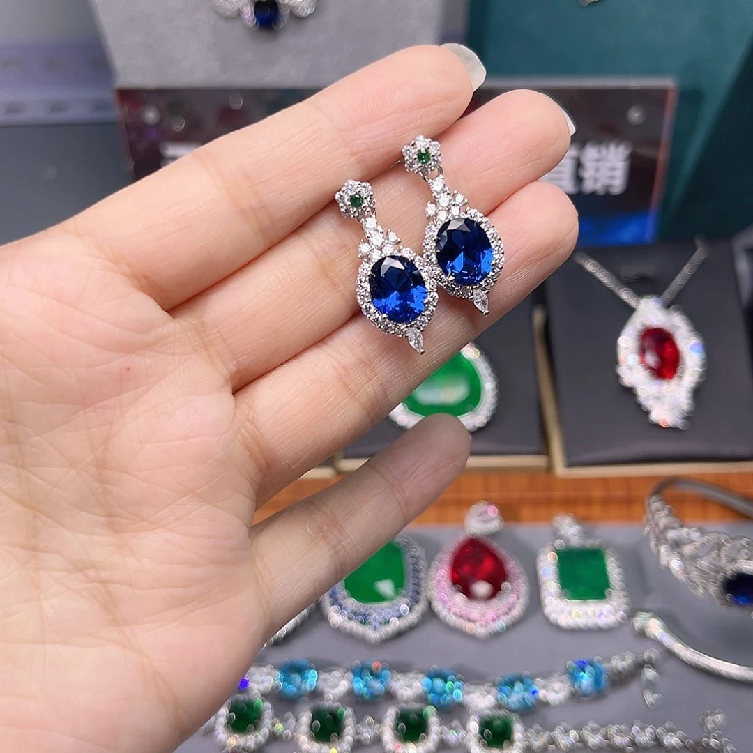 蓝宝石耳饰银S925镶嵌t z 204