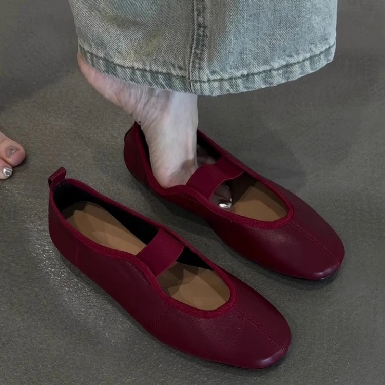 羊皮版~2025新款时尚复古方头浅口玛丽珍鞋女休闲一脚蹬通勤单鞋