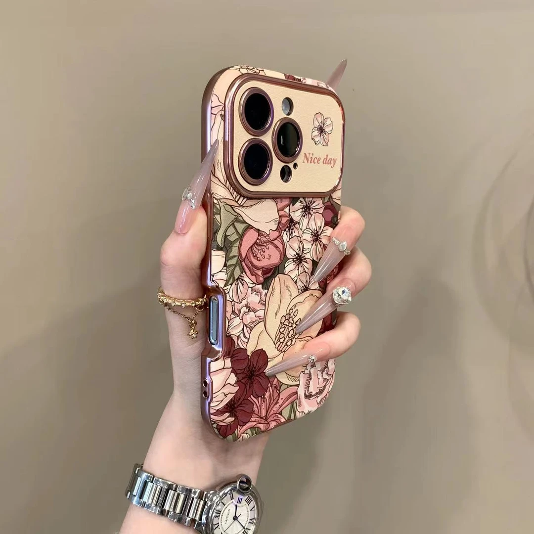 大视窗复古油画花瓣适用iphone16promax苹果15手机壳13皮质14pro