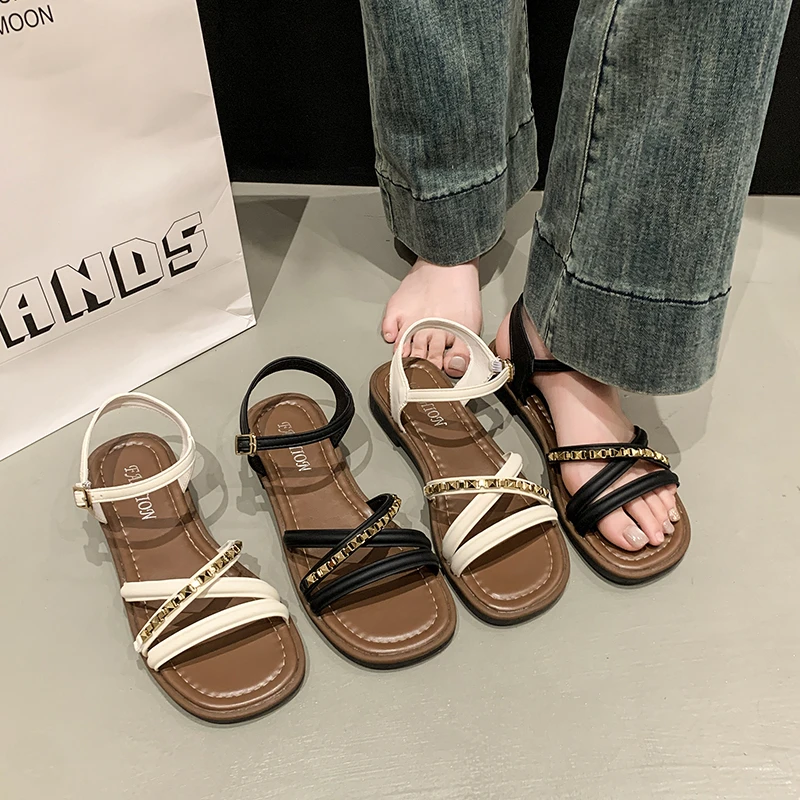 新款时尚百搭舒适软底百搭轻便一字带简约风露趾韩版ins