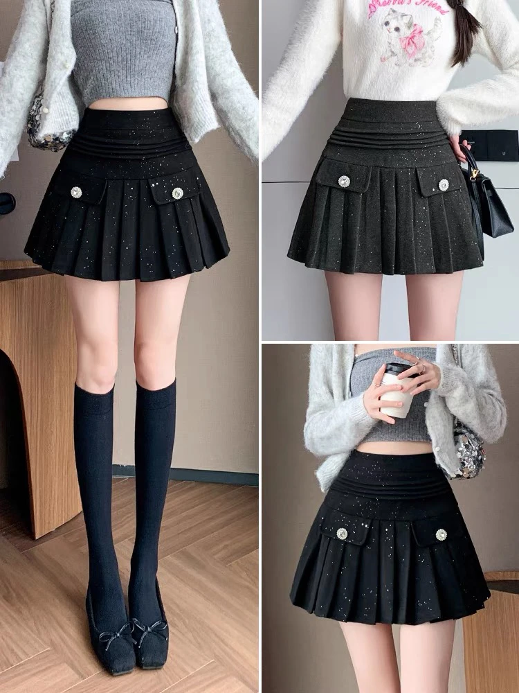 （海狮）轻奢名媛风高级感冬季亮闪闪高腰设计别致气质百褶半身裙