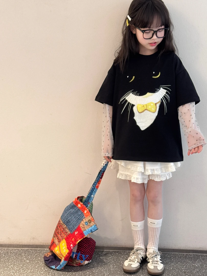 猫咪波点网纱袖短袖T2025假两件套撞色T恤洋气时髦25342