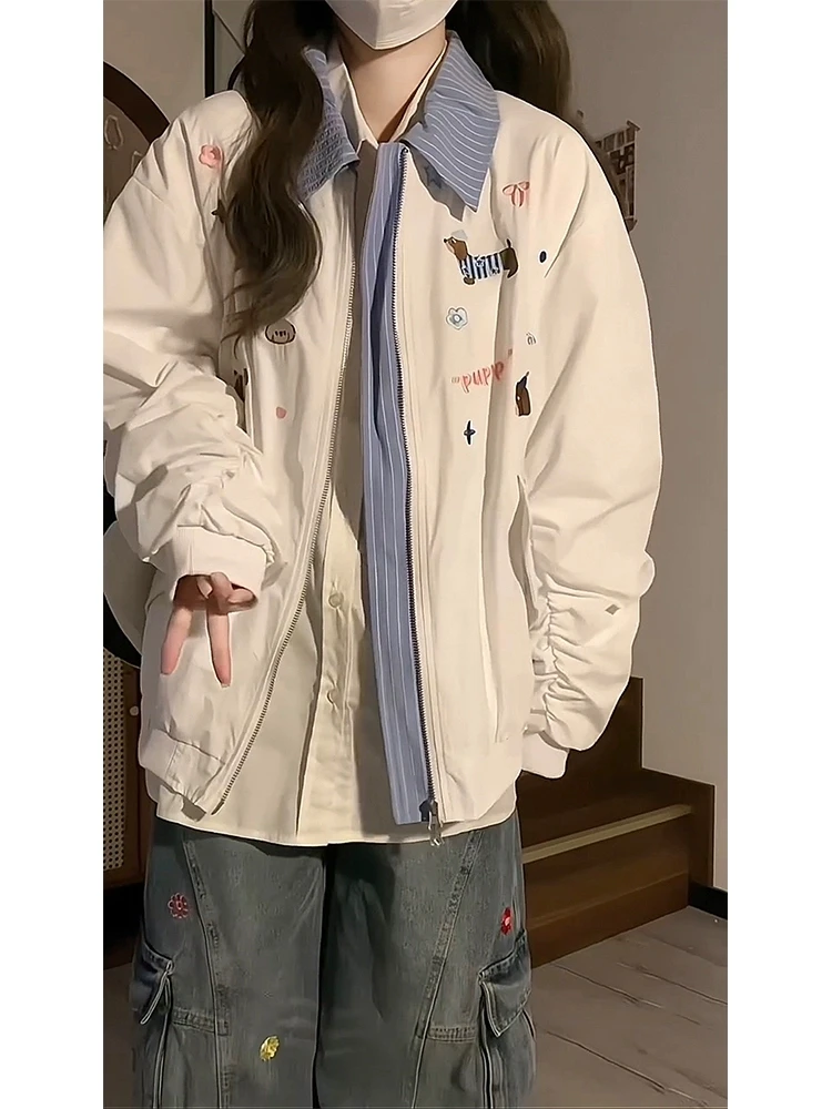日系可爱狗狗刺绣棒球服外套女春秋季宽松初中高中学生软妹风夹克