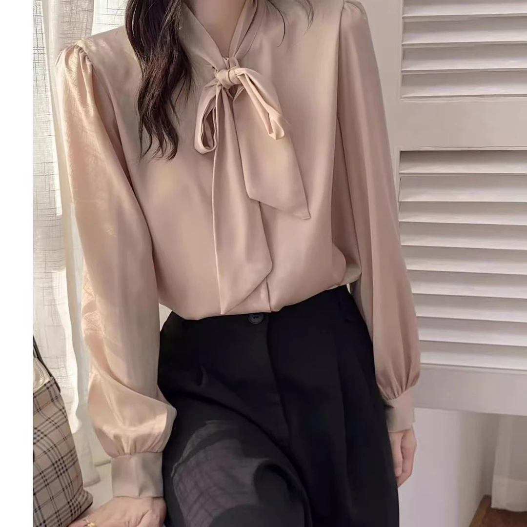 【中长款时尚衬衫】系带V领蝴蝶结长袖纯色薄款衬衫秋季设计感衬衣