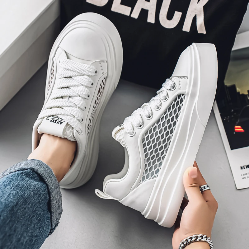 男鞋2025透气夏季新款大网面百搭休闲板鞋厚底增高时尚运动鞋子
