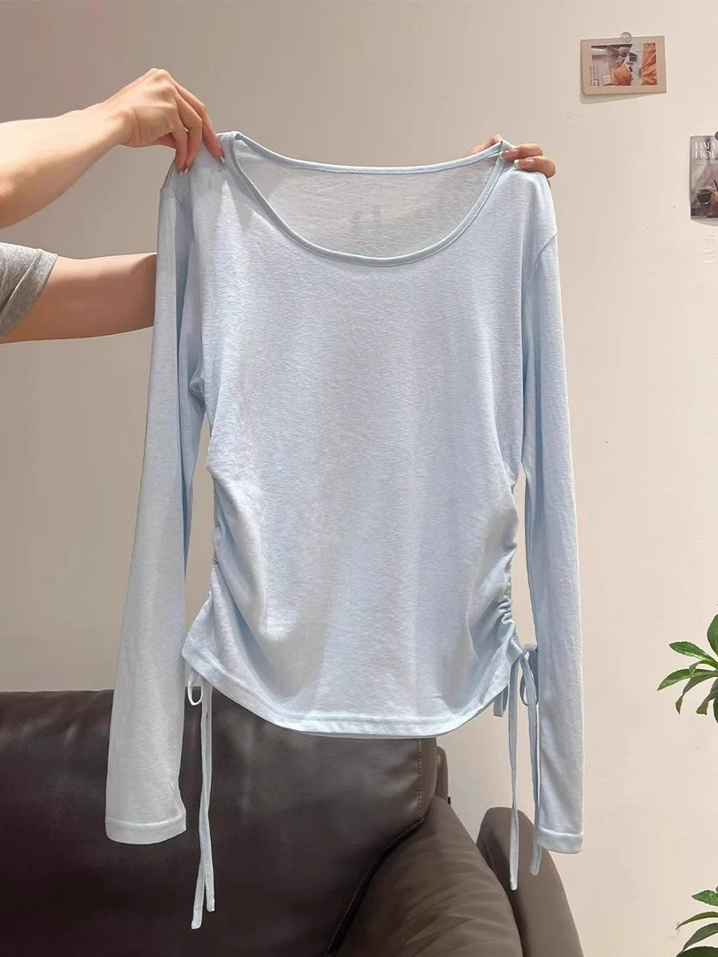 韩版纯色防晒罩衫绑带褶皱长袖T恤女2025夏季微透休闲薄款上衣女