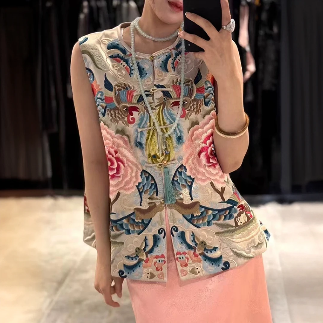 夏季新中式国风重工刺绣网纱马甲女复古百搭时尚休闲无袖马夹薄款