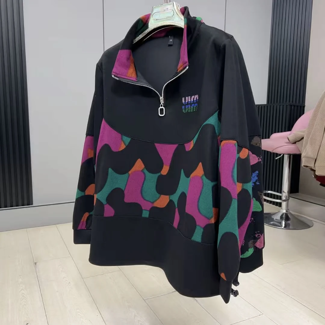 1639新款大码半拉链立领拼接休闲百搭长袖上衣