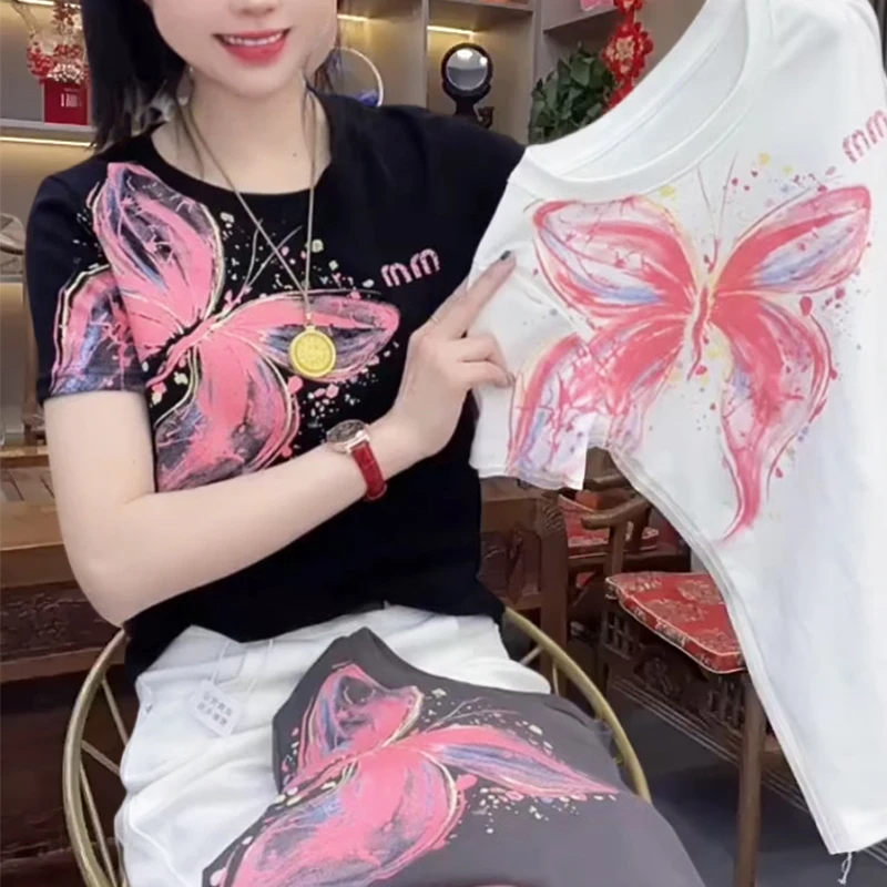 【纯棉】2025夏季新款洋气衣服女潮流蝴蝶印花修身显瘦圆领短袖T恤