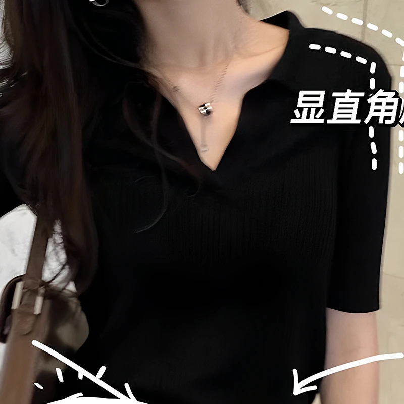 黑色正肩POLO针织衫短袖T恤新款夏季修身显瘦纸片人冰丝凉感翻领