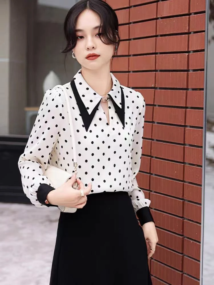波点长袖雪纺衫女洋气娃娃领小衫轻熟风通勤百搭上衣