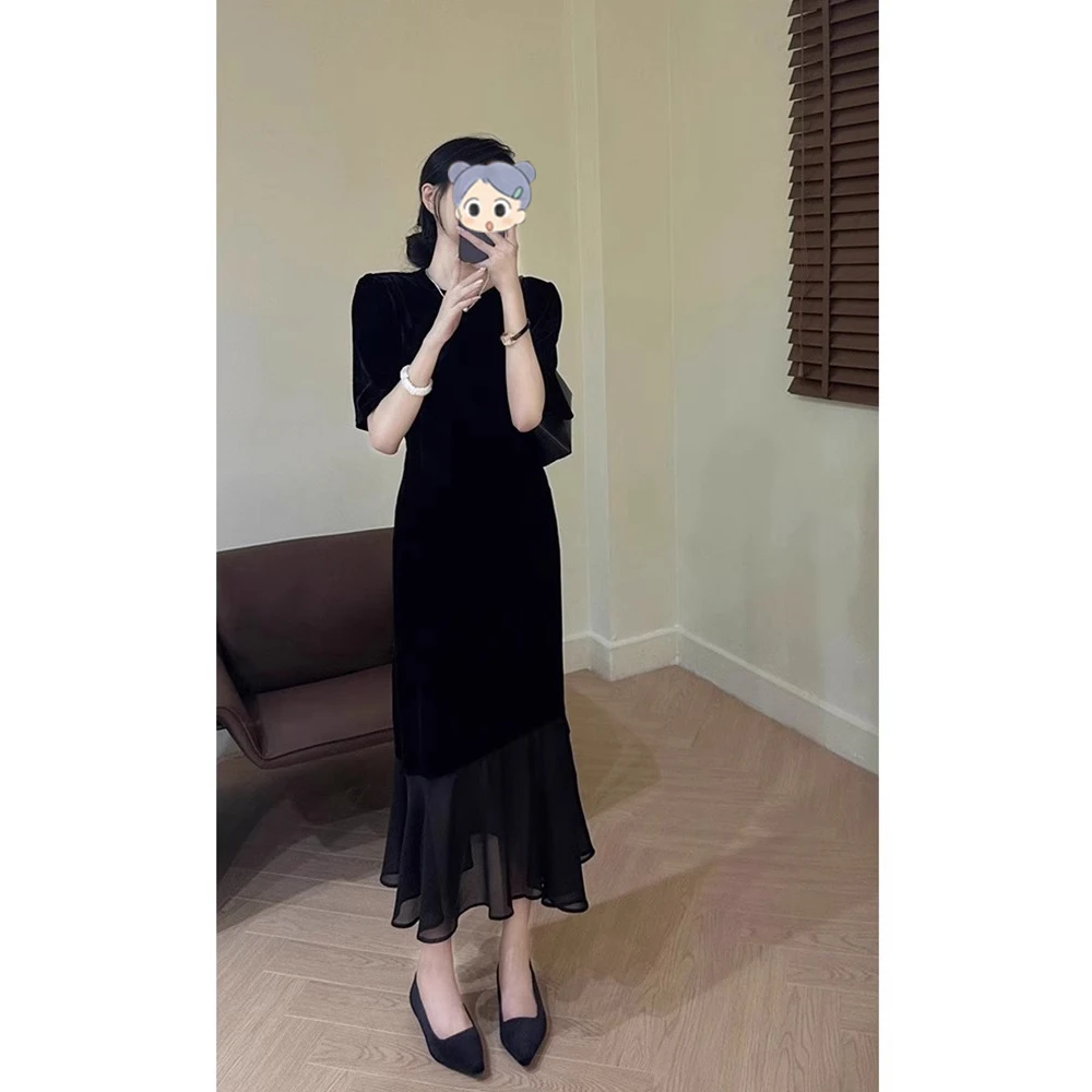 法式赫本风时尚高级感小黑裙拼接气质连衣裙女夏季温柔系显瘦长裙