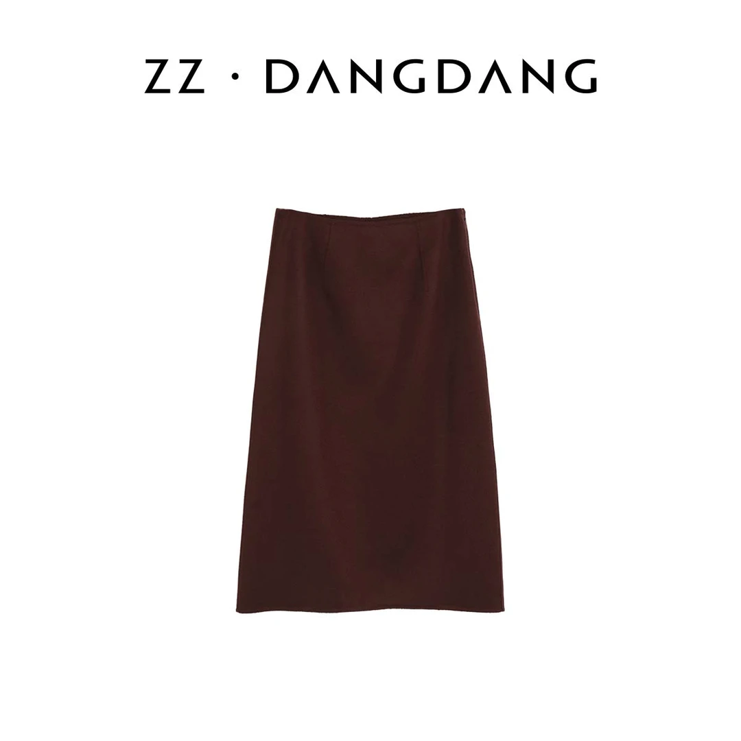 ZZ·DANGDANG秋冬显瘦中高腰酒红色羊绒半裙A型极简开叉女23325017