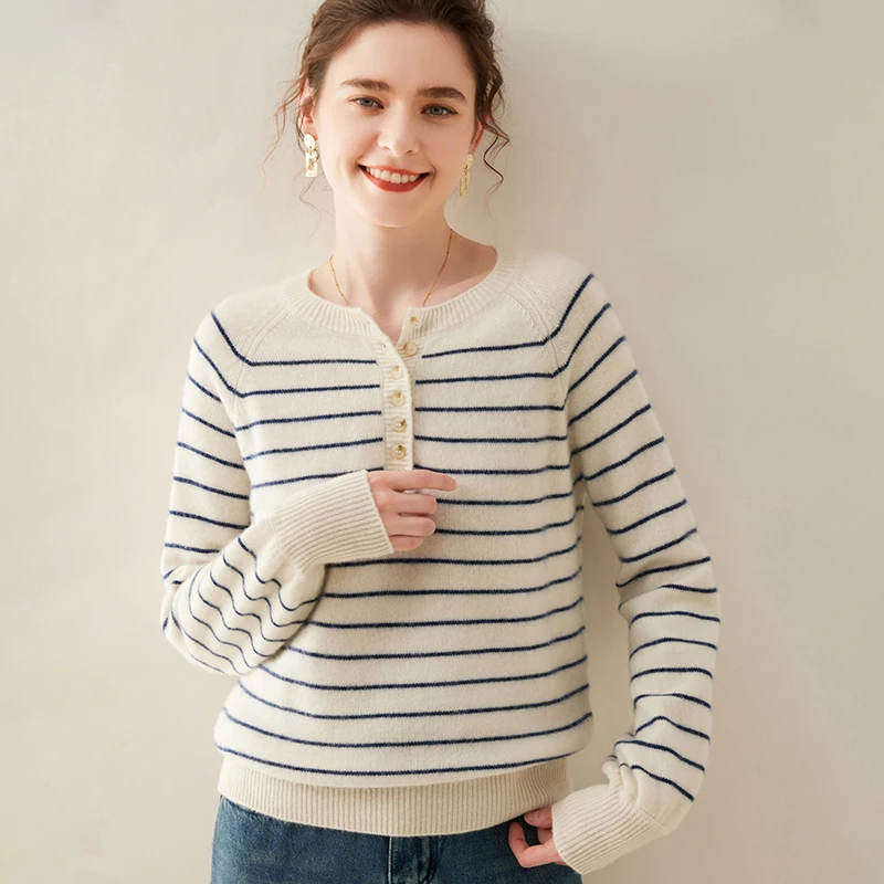 秋冬季复古条纹针织衫羊绒羊毛衫2025新款半开圆领宽松针织打底衫
