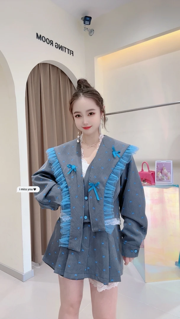 【甜心蓝纱】大观拼纱印花欧货西服短夹克外套牛仔重工网红撞色蓝色
