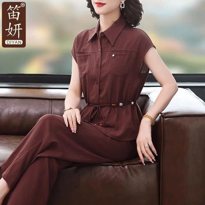 2025新款妈妈夏装衬衫套装五十多岁中老年女夏季时尚阔腿裤两件套