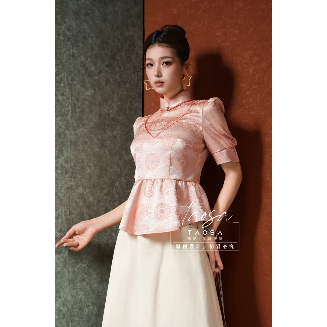 【陶萨】S026-锦缎短袖 陶萨原创轻民族服饰 蒙古仙气夏季