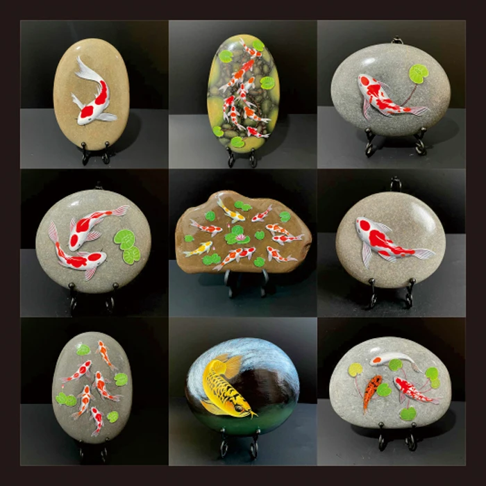 高端纯手绘不掉色丙烯石头画鱼锦鲤金龙鱼书房节日礼品成品摆件