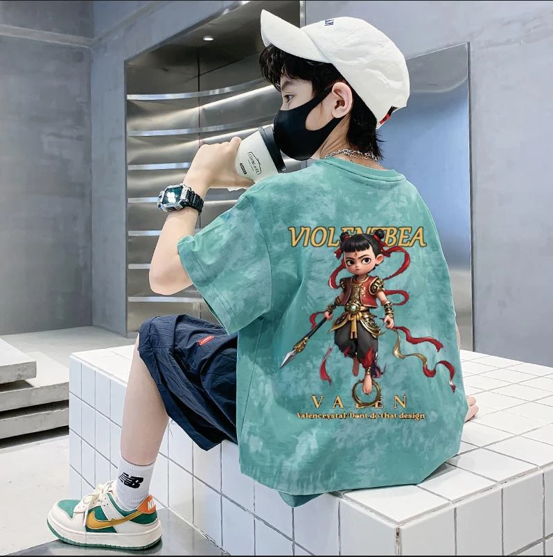 【100%纯棉】扎染童装男童t恤短袖夏装儿童中大童男孩上衣宽松半袖